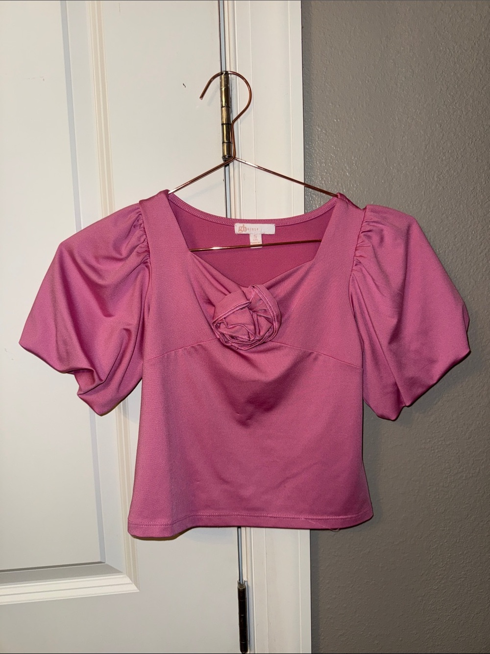 GB girls Rose-Pink Puff Sleeve Crop Top with Rosette
